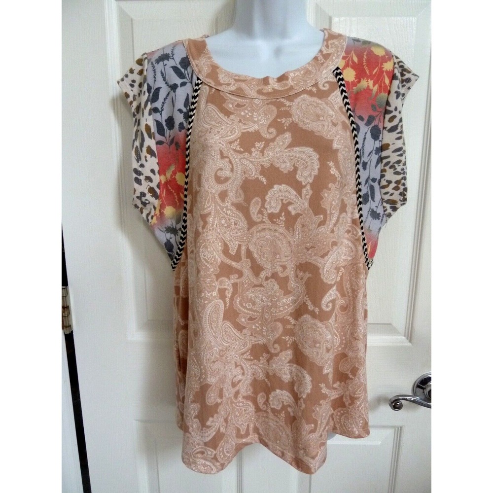 Ces Femme Women Small Multicolor Paisley Floral Leopard Cap Sleeve Top USA Made